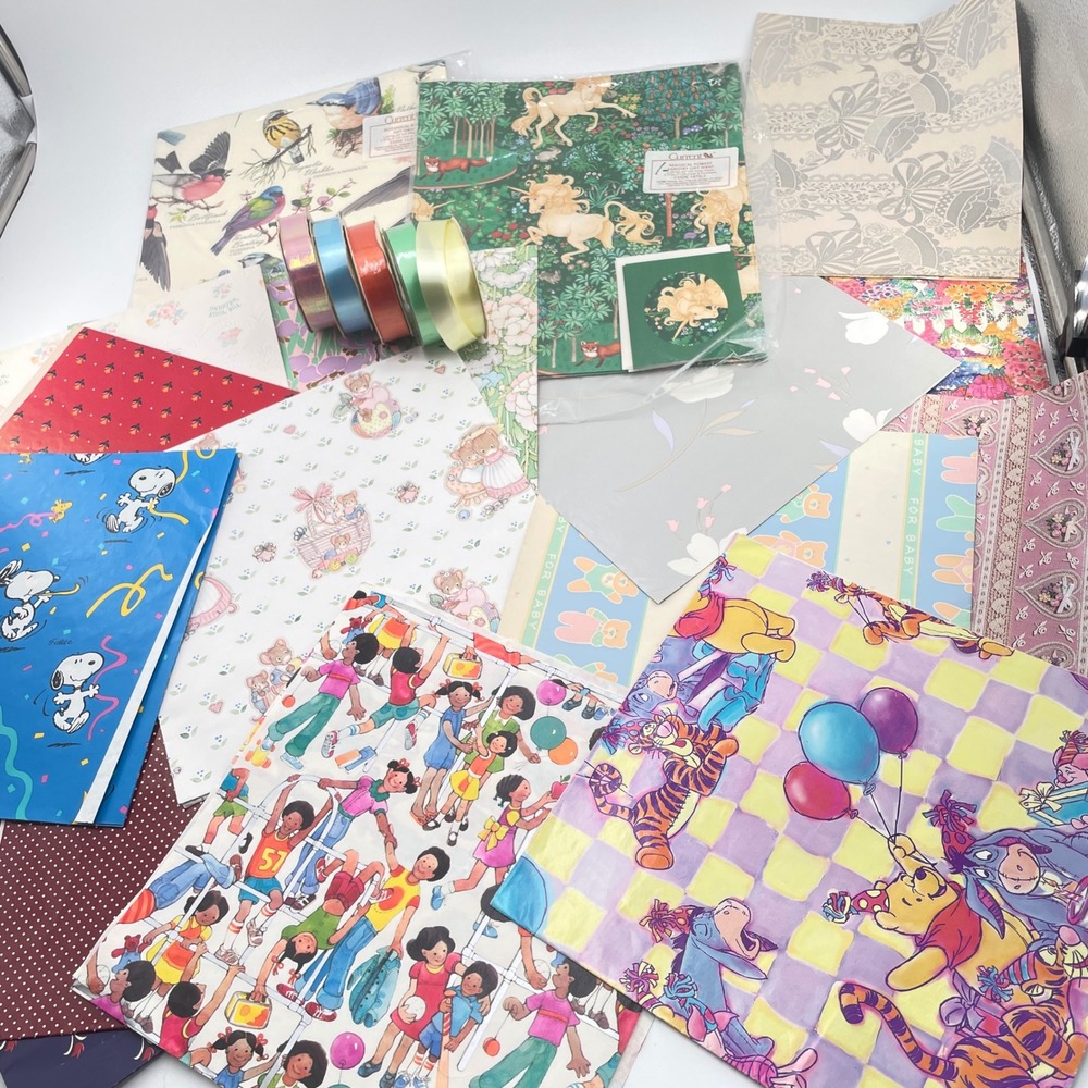Vintage All Occasion Gift Wrap Ribbon Lot 1.6# Baby Floral Kids Comics Wedding